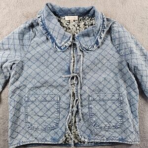 Doe and Rae Quilted Denim Tie Front Jacket‎ Floral Lined Blue Medium